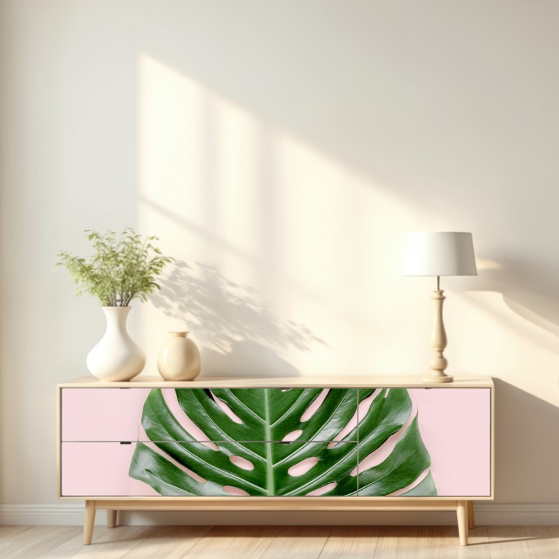 Naklejka repozycjonowalna liść monstera na pastelowym różowym tle – Wallissimo® Naklejka repozycjonowalna liść monstera na pastelowym różowym tle – Wallissimo®