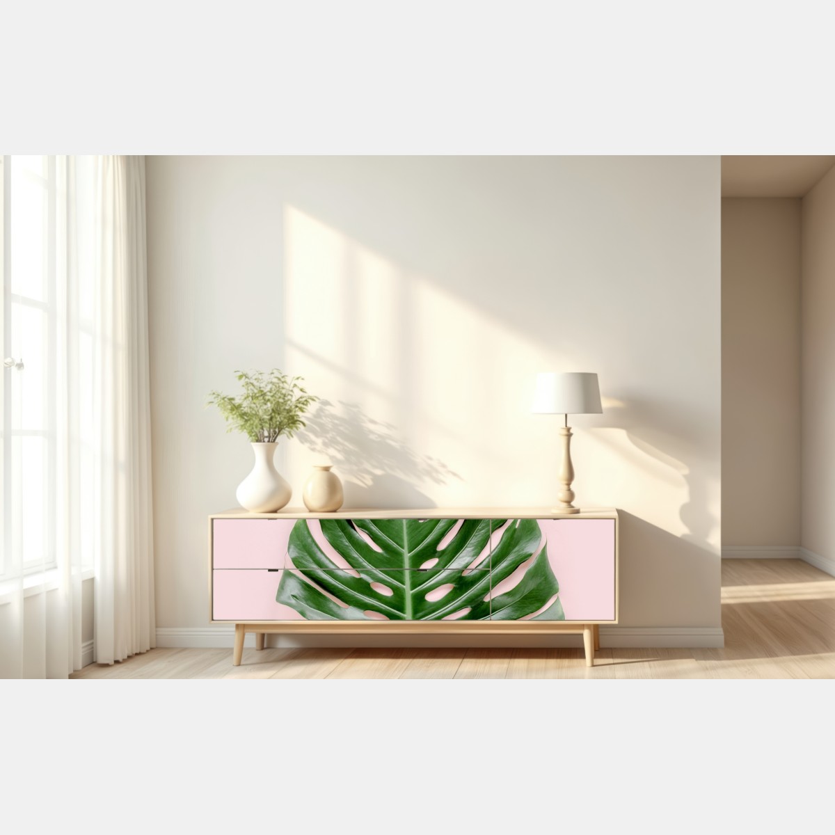 Naklejka repozycjonowalna liść monstera na pastelowym różowym tle – Wallissimo® Naklejka repozycjonowalna liść monstera na pastelowym różowym tle – Wallissimo®