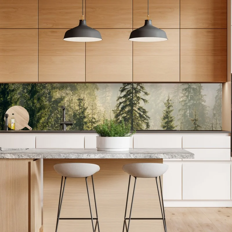 Naklejka repozycjonowalna mglisty świerkowy las w porannym świetle