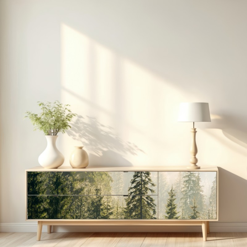 Naklejka repozycjonowalna mglisty świerkowy las w porannym świetle – Wallissimo® Naklejka repozycjonowalna mglisty świerkowy las w porannym świetle – Wallissimo®