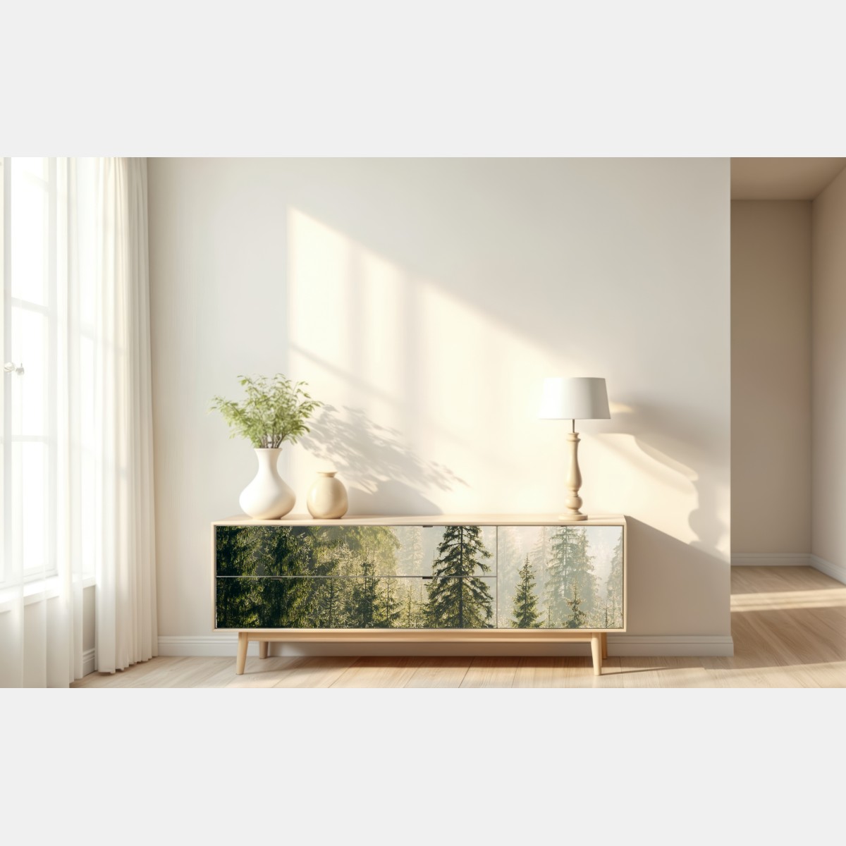 Naklejka repozycjonowalna mglisty świerkowy las w porannym świetle – Wallissimo® Naklejka repozycjonowalna mglisty świerkowy las w porannym świetle – Wallissimo®