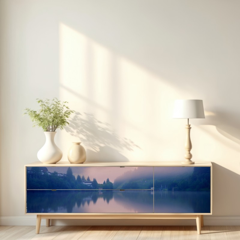 Naklejka repozycjonowalna mglisty górski poranek nad jeziorem – Wallissimo® Naklejka repozycjonowalna mglisty górski poranek nad jeziorem – Wallissimo®