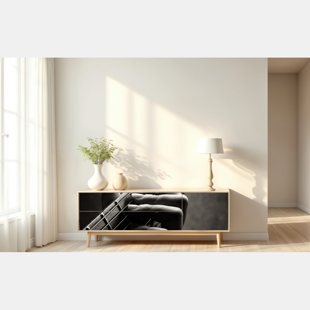 Naklejka repozycjonowalna zbliżenie dłoni gitarzysty na gryfie – Wallissimo® Naklejka repozycjonowalna zbliżenie dłoni gitarzysty na gryfie – Wallissimo®