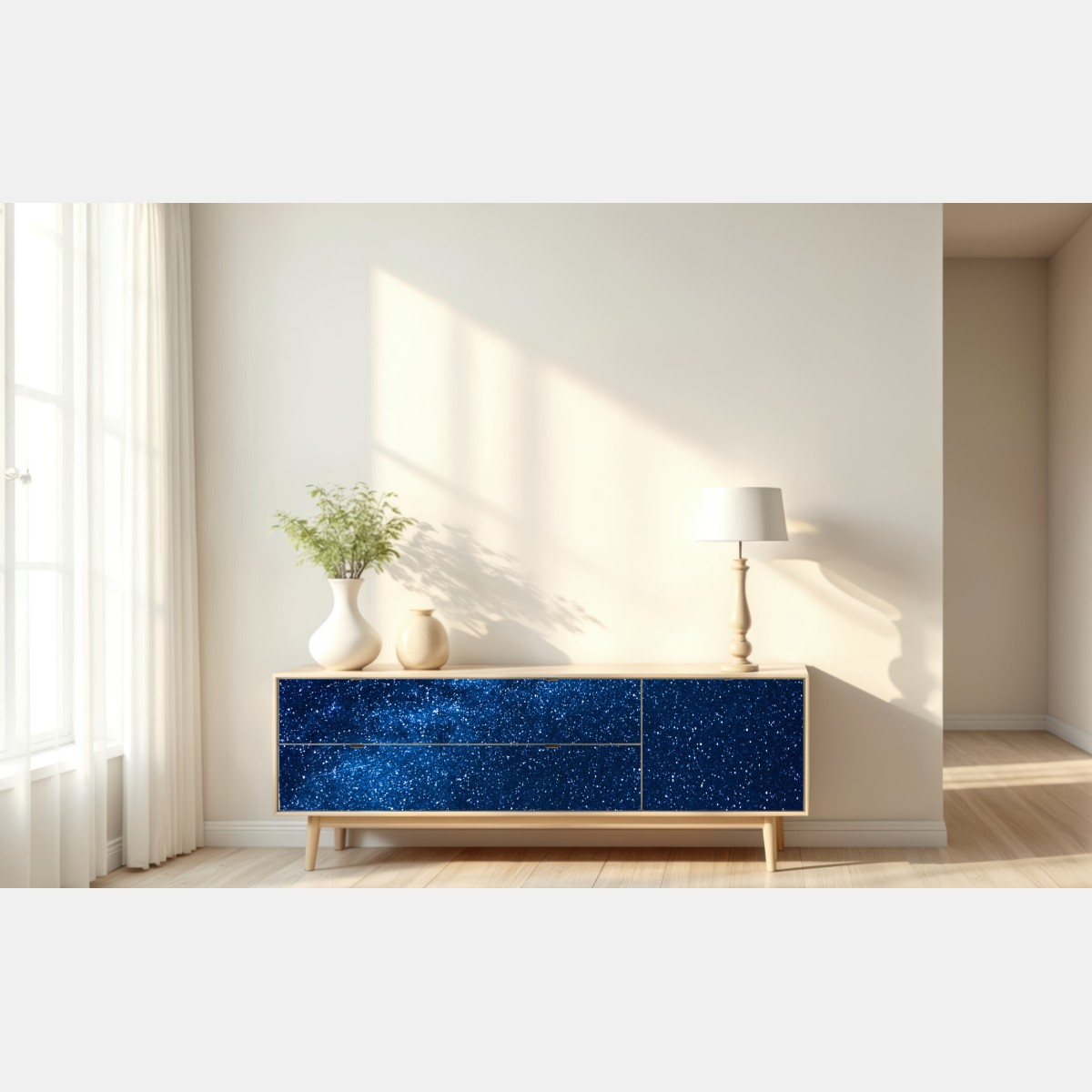 Naklejka repozycjonowalna głębokie błękitne nocne niebo z drogą mleczną i spadającą gwiazdą – Wallissimo® Naklejka repozycjonowalna głębokie błękitne nocne niebo z drogą mleczną i spadającą gwiazdą – Wallissimo®