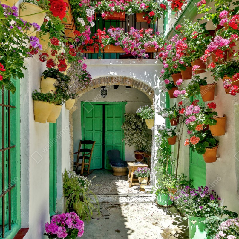 Naklejka repozycjonowalna słoneczne podwórko pełne kwiatów i zielonych drzwi – Wallissimo® Naklejka repozycjonowalna słoneczne podwórko pełne kwiatów i zielonych drzwi – Wallissimo®