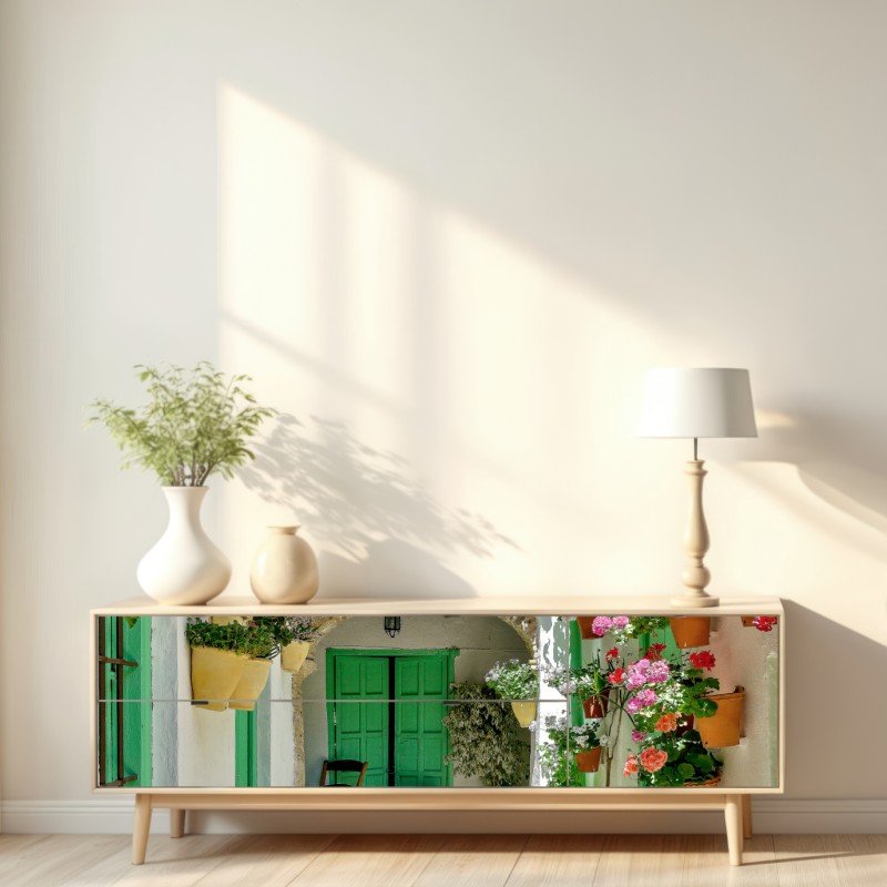 Naklejka repozycjonowalna słoneczne podwórko pełne kwiatów i zielonych drzwi – Wallissimo® Naklejka repozycjonowalna słoneczne podwórko pełne kwiatów i zielonych drzwi – Wallissimo®