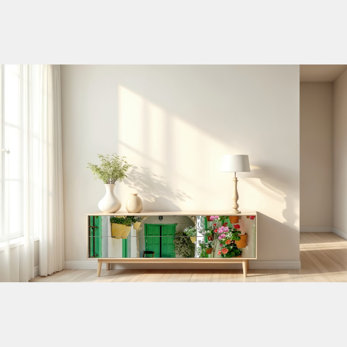 Naklejka repozycjonowalna słoneczne podwórko pełne kwiatów i zielonych drzwi – Wallissimo® Naklejka repozycjonowalna słoneczne podwórko pełne kwiatów i zielonych drzwi – Wallissimo®