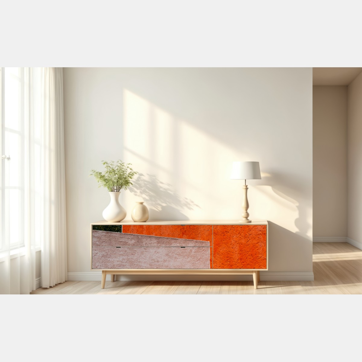 Naklejka repozycjonowalna odważna geometryczna elewacja w pomarańczy i turkusie – Wallissimo® Naklejka repozycjonowalna odważna geometryczna elewacja w pomarańczy i turkusie – Wallissimo®