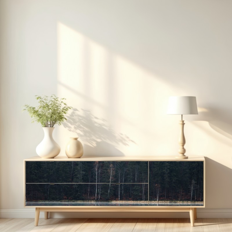 Naklejka repozycjonowalna mglista refleksja w lesie – Wallissimo® Naklejka repozycjonowalna mglista refleksja w lesie – Wallissimo®