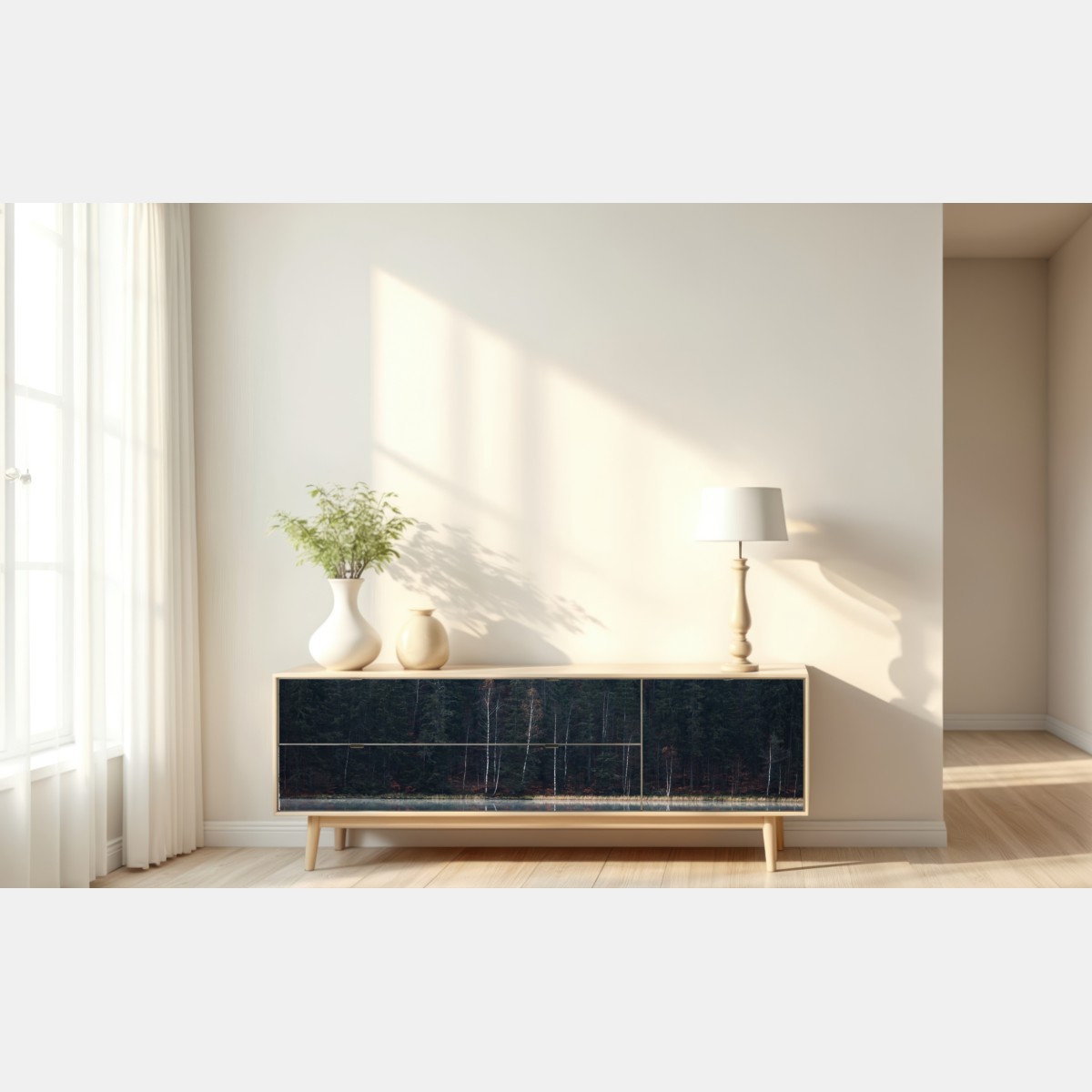 Naklejka repozycjonowalna mglista refleksja w lesie – Wallissimo® Naklejka repozycjonowalna mglista refleksja w lesie – Wallissimo®