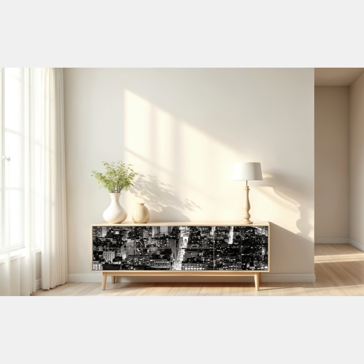 Naklejka repozycjonowalna monochromatyczna panorama miasta nocą – Wallissimo® Naklejka repozycjonowalna monochromatyczna panorama miasta nocą – Wallissimo®