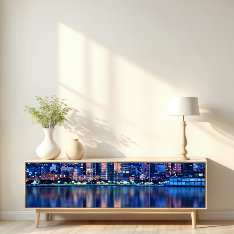 Naklejka repozycjonowalna Nowy Jork nocna panorama z odbiciem – Wallissimo® Naklejka repozycjonowalna Nowy Jork nocna panorama z odbiciem – Wallissimo®