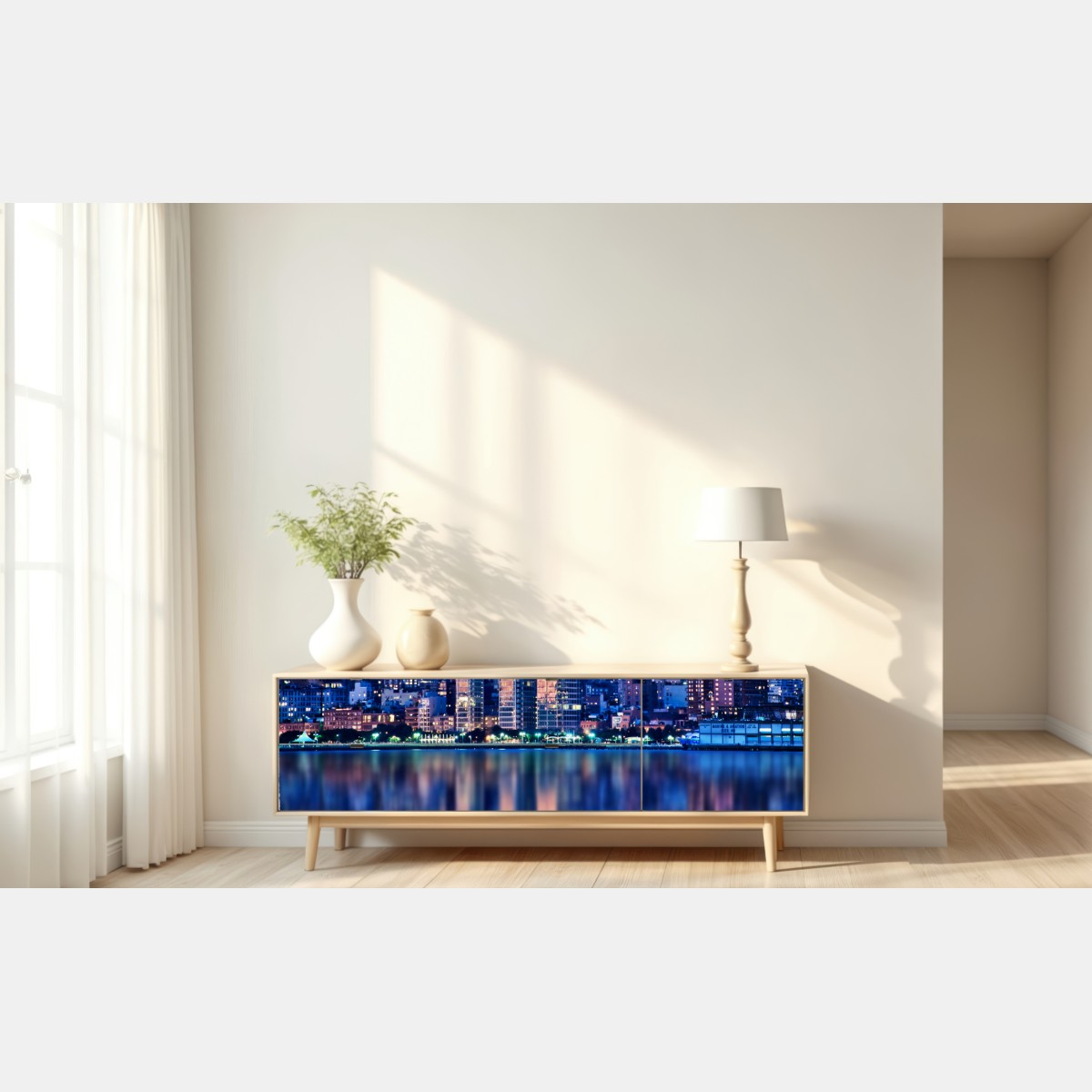 Naklejka repozycjonowalna Nowy Jork nocna panorama z odbiciem – Wallissimo® Naklejka repozycjonowalna Nowy Jork nocna panorama z odbiciem – Wallissimo®