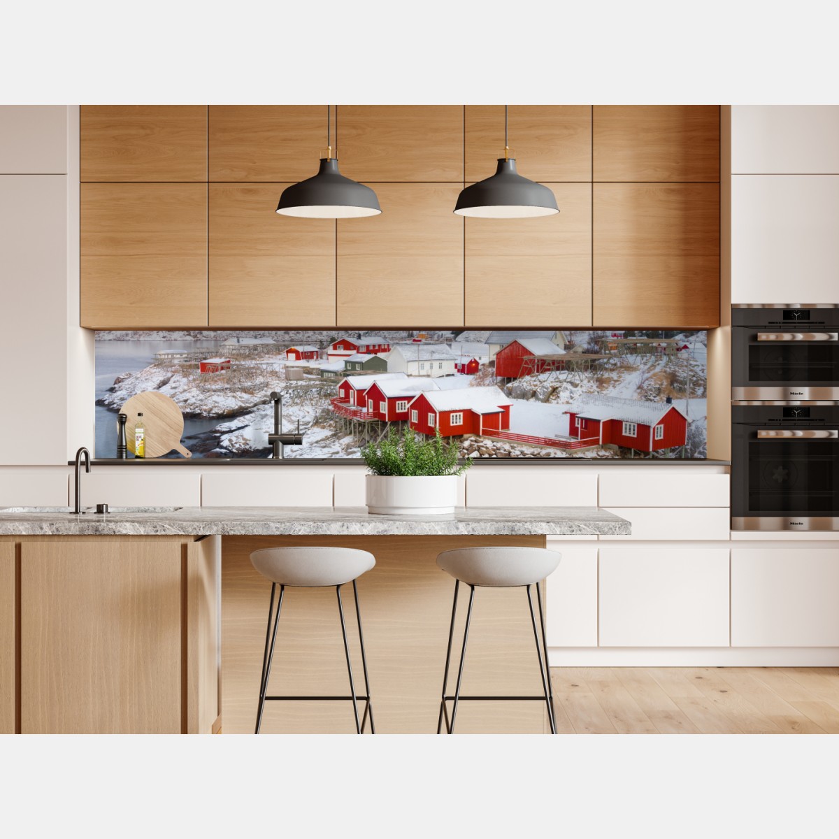 Naklejka repozycjonowalna czerwone domki nad zaśnieżoną górą – Wallissimo® Naklejka repozycjonowalna czerwone domki nad zaśnieżoną górą – Wallissimo®