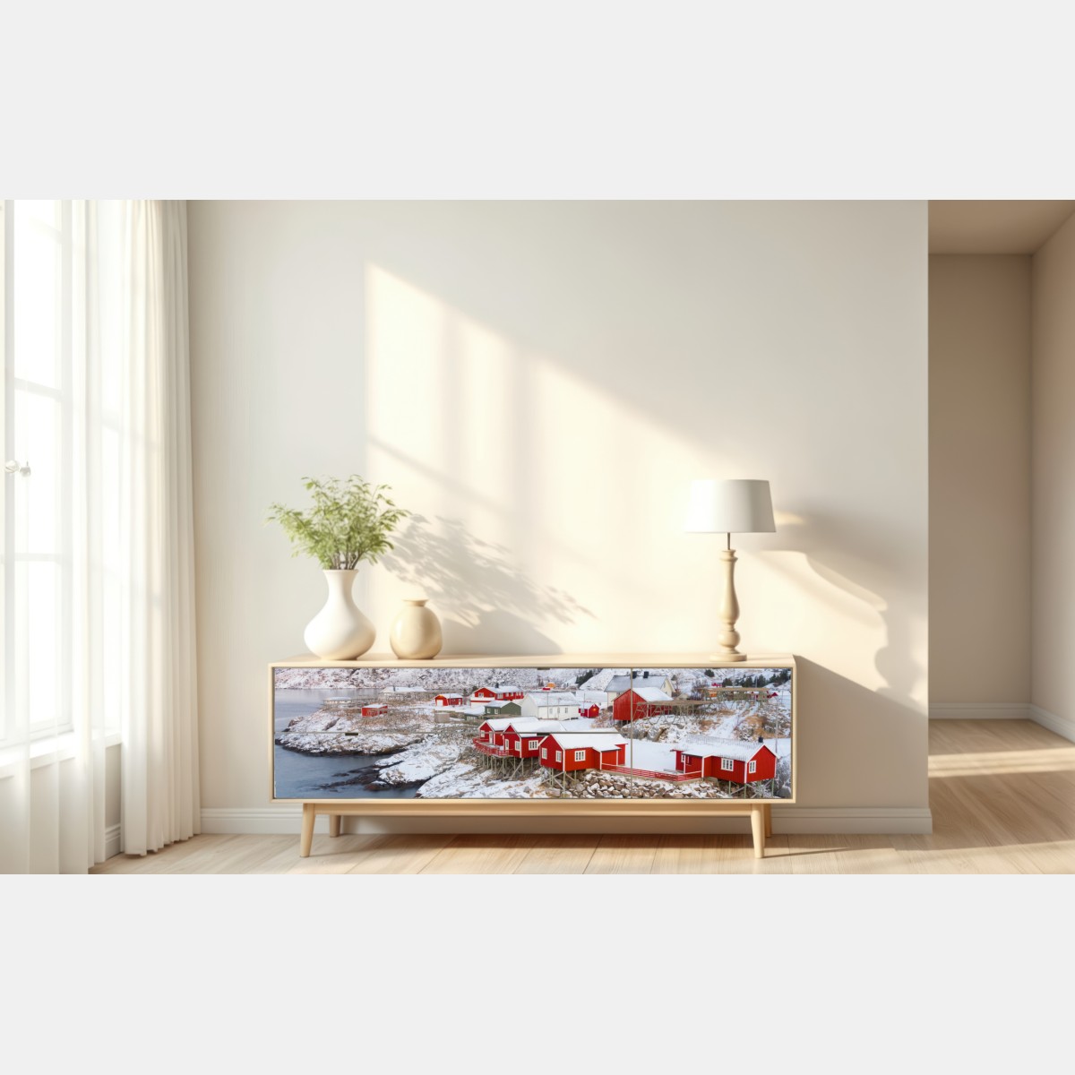 Naklejka repozycjonowalna czerwone domki nad zaśnieżoną górą – Wallissimo® Naklejka repozycjonowalna czerwone domki nad zaśnieżoną górą – Wallissimo®