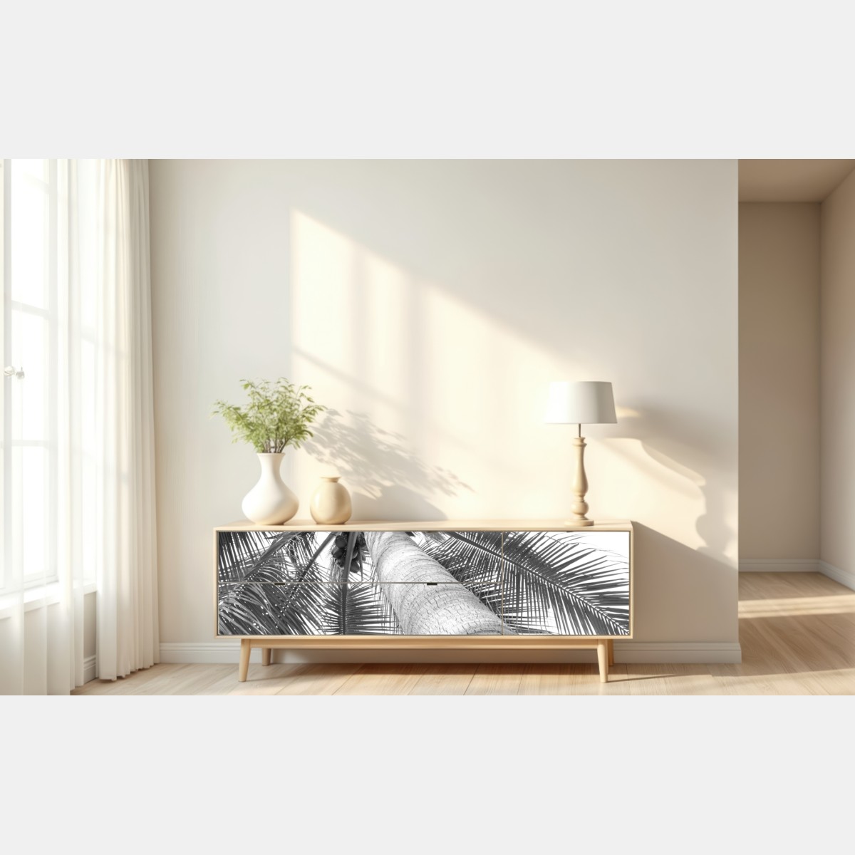 Naklejka repozycjonowalna monochromatyczna palma z perspektywy – Wallissimo® Naklejka repozycjonowalna monochromatyczna palma z perspektywy – Wallissimo®