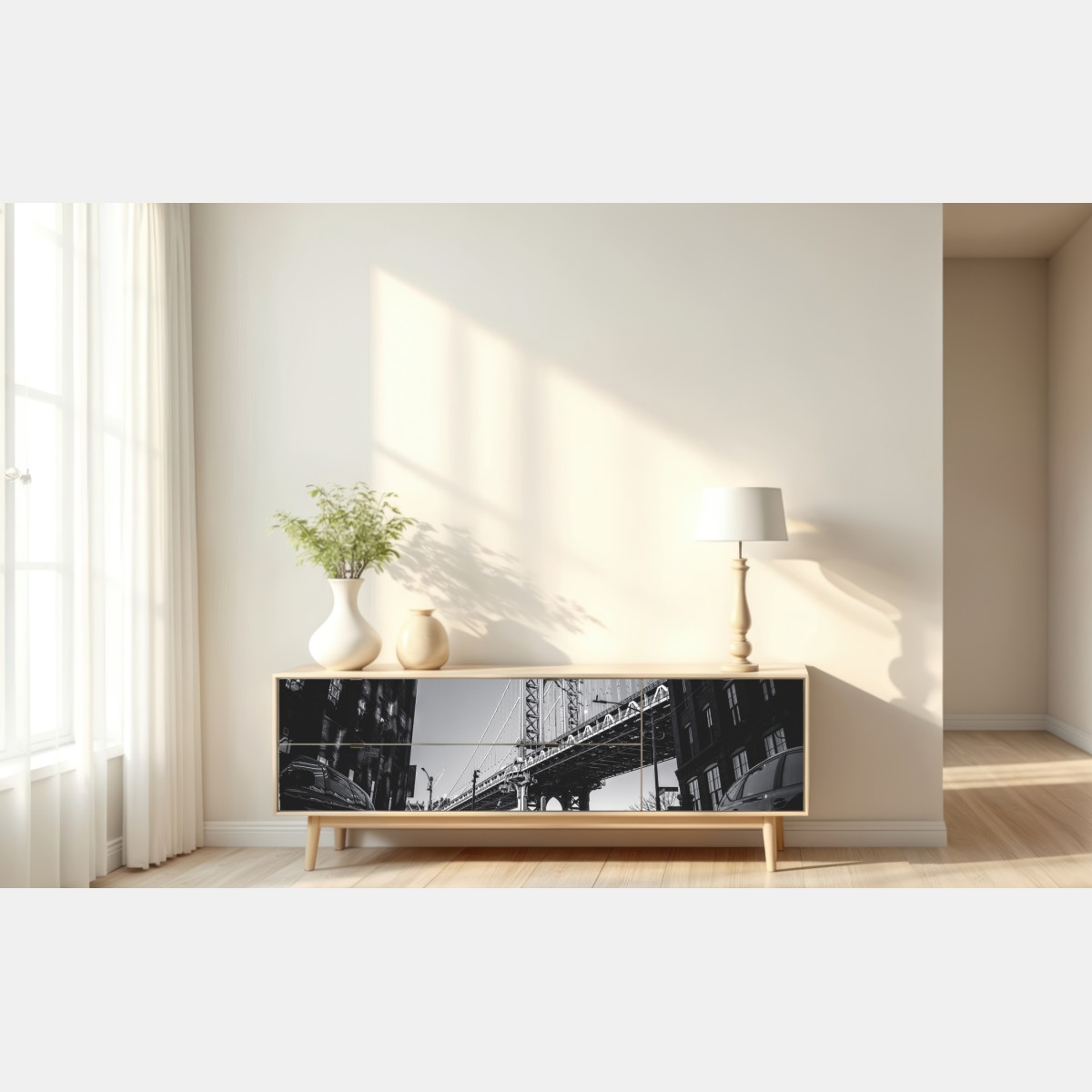 Naklejka repozycjonowalna most na Manhattanie z perspektywy brukowanej ulicy – Wallissimo® Naklejka repozycjonowalna most na Manhattanie z perspektywy brukowanej ulicy – Wallissimo®