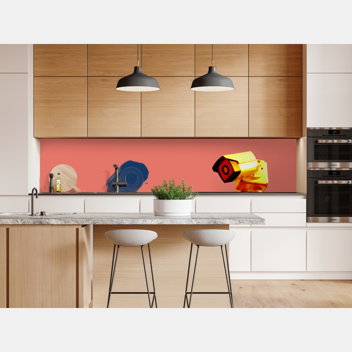 Naklejka repozycjonowalna duotone kamery nadzoru na koralowym tle – Wallissimo® Naklejka repozycjonowalna duotone kamery nadzoru na koralowym tle – Wallissimo®