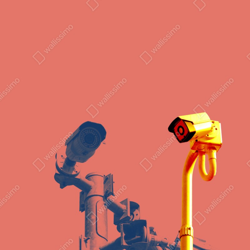 Naklejka repozycjonowalna duotone kamery nadzoru na koralowym tle – Wallissimo® Naklejka repozycjonowalna duotone kamery nadzoru na koralowym tle – Wallissimo®