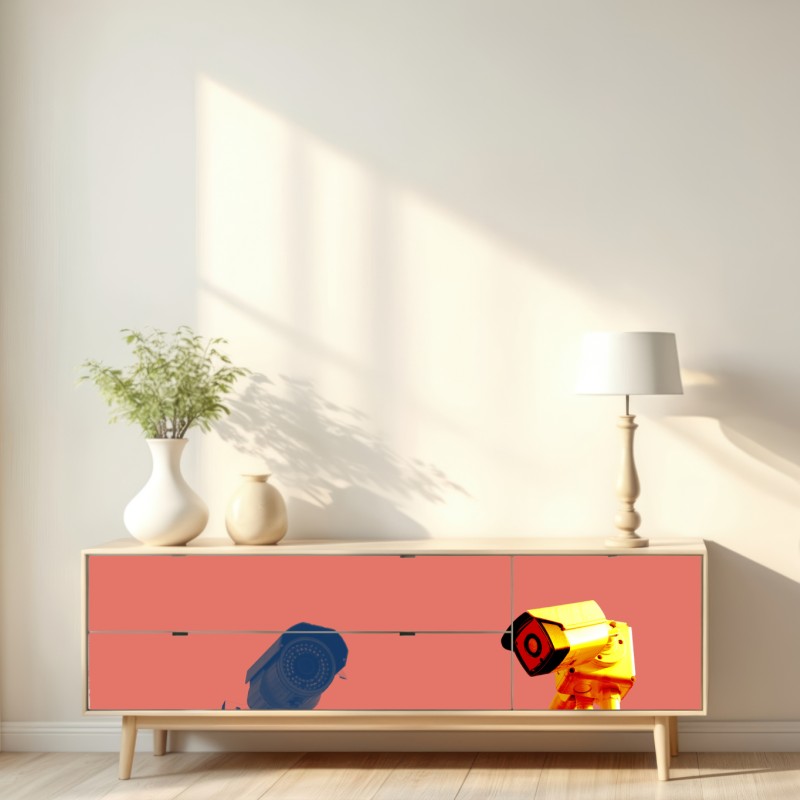 Naklejka repozycjonowalna duotone kamery nadzoru na koralowym tle – Wallissimo® Naklejka repozycjonowalna duotone kamery nadzoru na koralowym tle – Wallissimo®