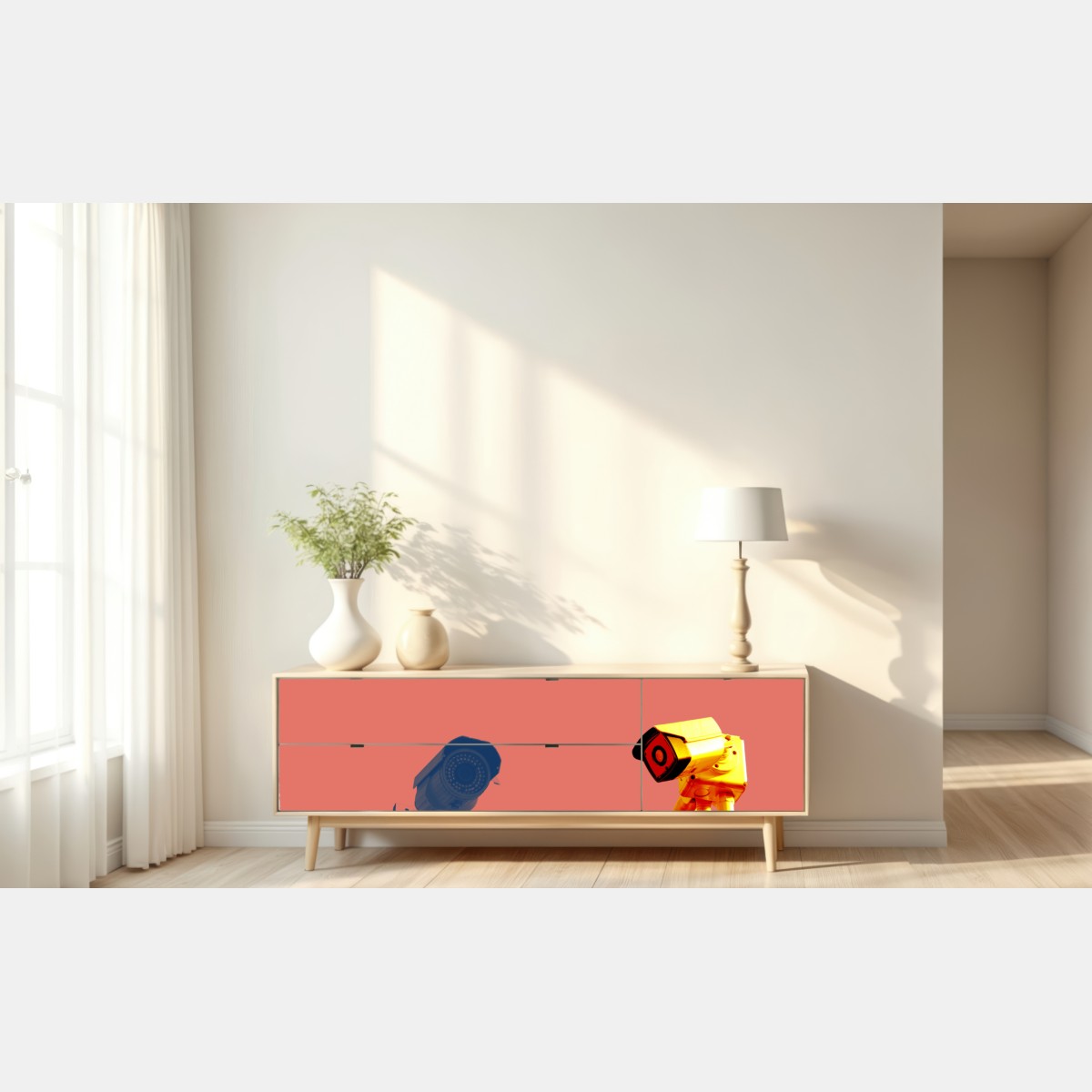 Naklejka repozycjonowalna duotone kamery nadzoru na koralowym tle – Wallissimo® Naklejka repozycjonowalna duotone kamery nadzoru na koralowym tle – Wallissimo®