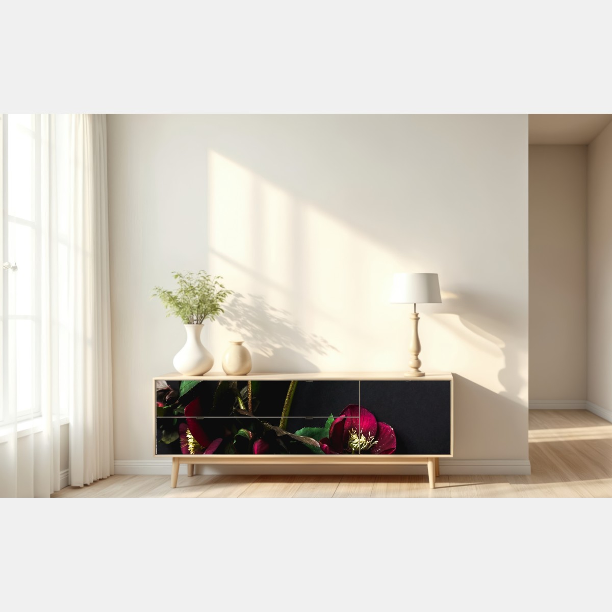 Naklejka repozycjonowalna mroczna fioletowa kompozycja kwiatowa – Wallissimo® Naklejka repozycjonowalna mroczna fioletowa kompozycja kwiatowa – Wallissimo®