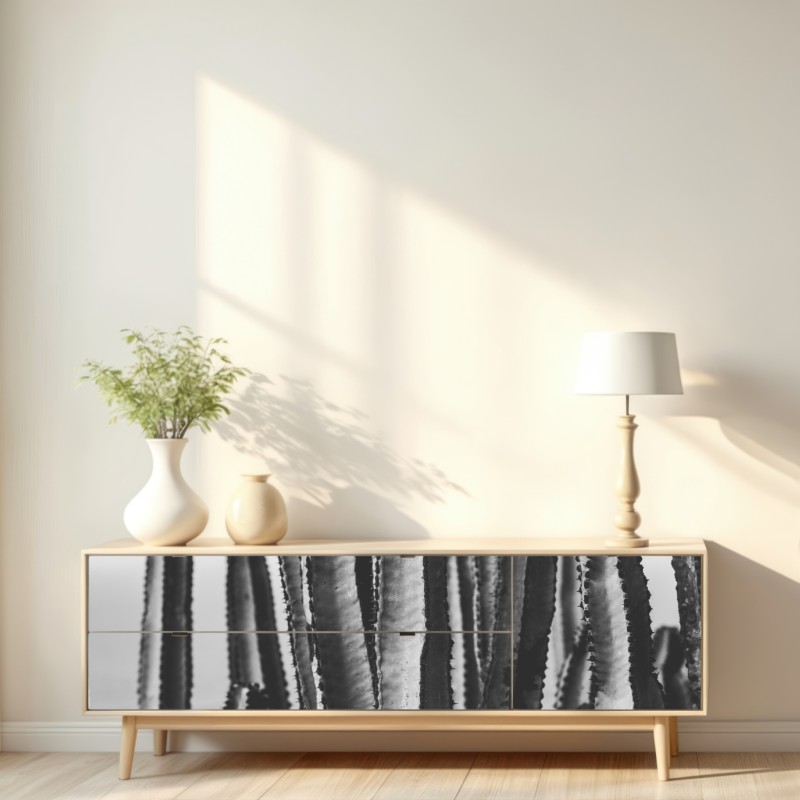 Naklejka repozycjonowalna czarno-biały kaktus w zbliżeniu – Wallissimo® Naklejka repozycjonowalna czarno-biały kaktus w zbliżeniu – Wallissimo®