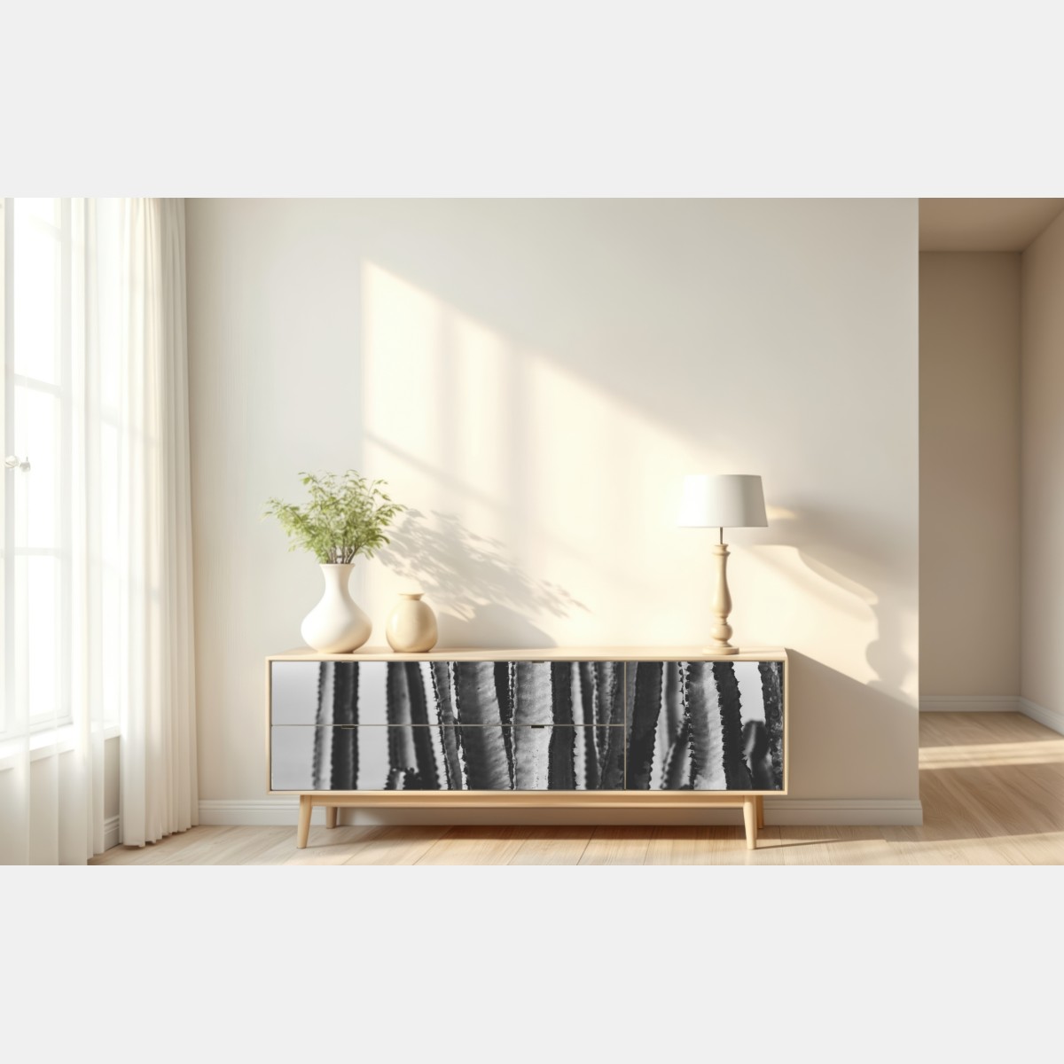 Naklejka repozycjonowalna czarno-biały kaktus w zbliżeniu – Wallissimo® Naklejka repozycjonowalna czarno-biały kaktus w zbliżeniu – Wallissimo®