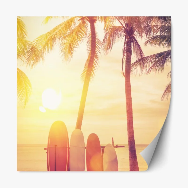 Naklejka repozycjonowalna tropikalny zachód słońca z deskami surfingowymi