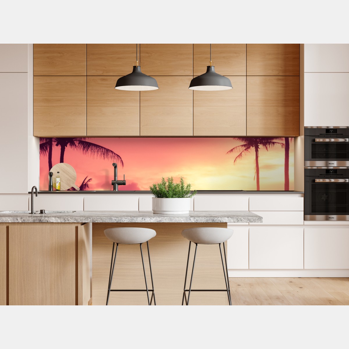 Naklejka repozycjonowalna różowy tropikalny zachód słońca z palmami – Wallissimo® Naklejka repozycjonowalna różowy tropikalny zachód słońca z palmami – Wallissimo®