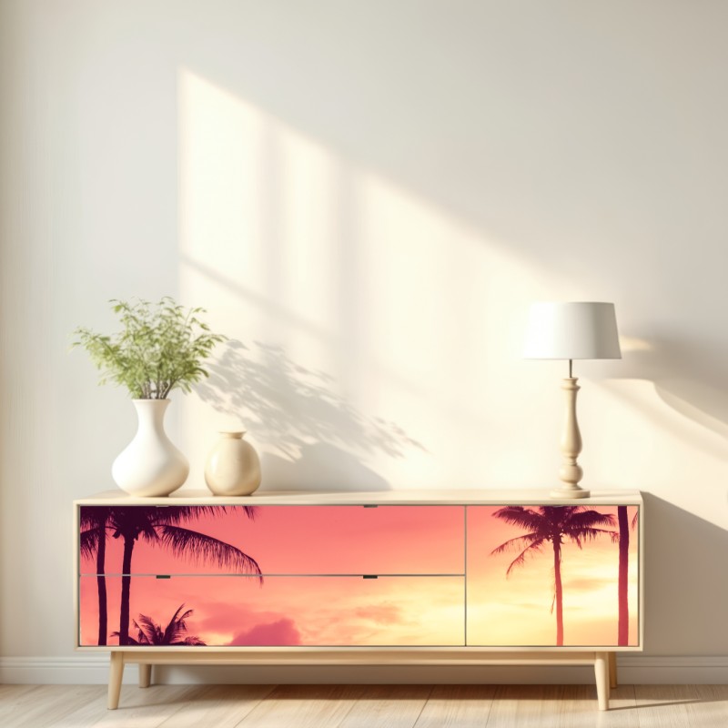 Naklejka repozycjonowalna różowy tropikalny zachód słońca z palmami – Wallissimo® Naklejka repozycjonowalna różowy tropikalny zachód słońca z palmami – Wallissimo®