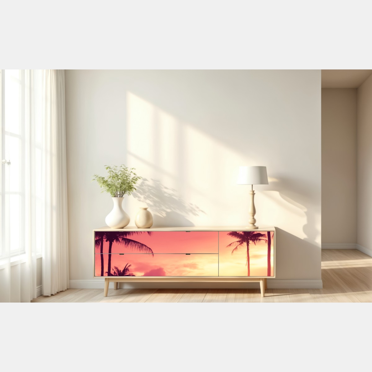 Naklejka repozycjonowalna różowy tropikalny zachód słońca z palmami – Wallissimo® Naklejka repozycjonowalna różowy tropikalny zachód słońca z palmami – Wallissimo®