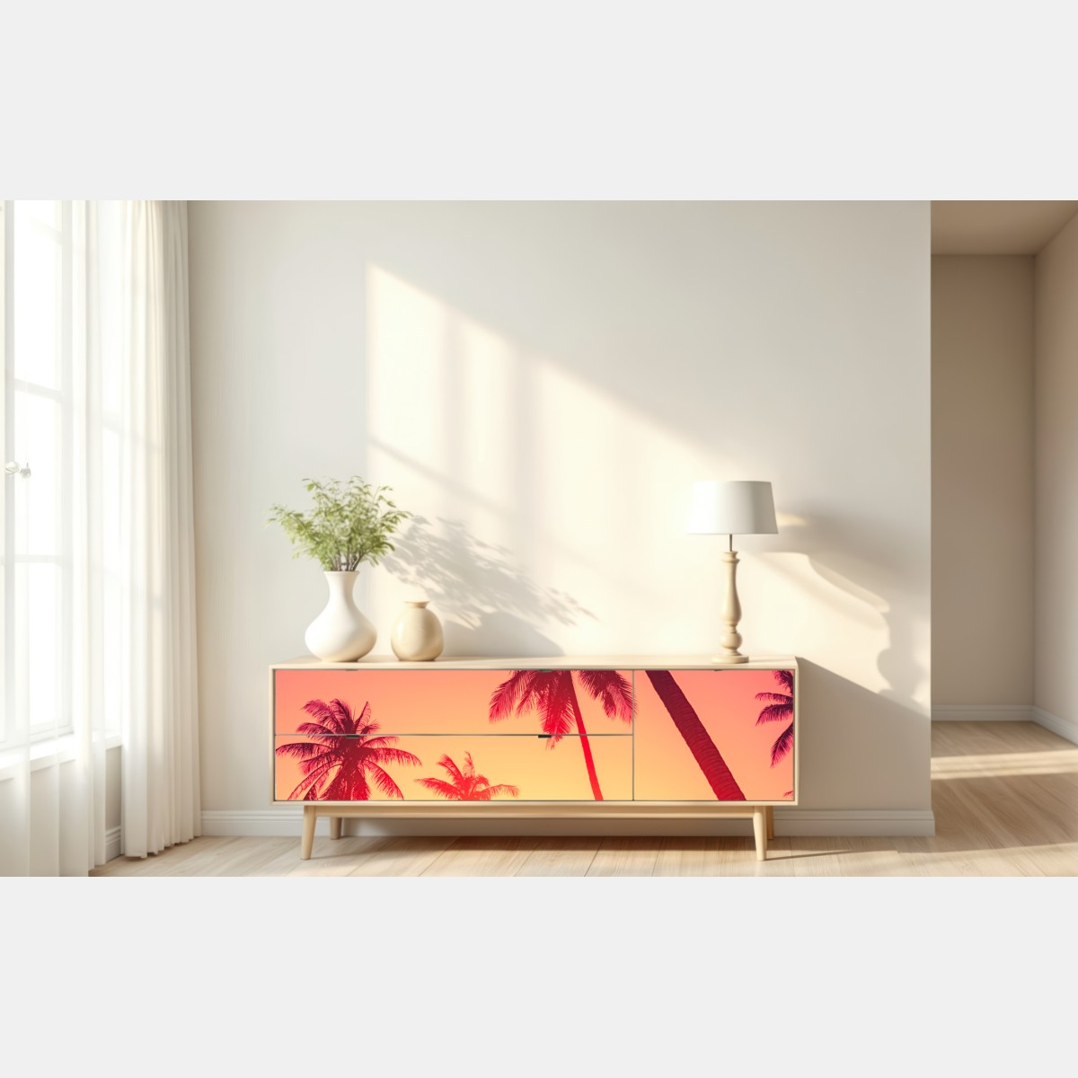 Naklejka repozycjonowalna tropikalny zachód słońca z palmami – Wallissimo® Naklejka repozycjonowalna tropikalny zachód słońca z palmami – Wallissimo®