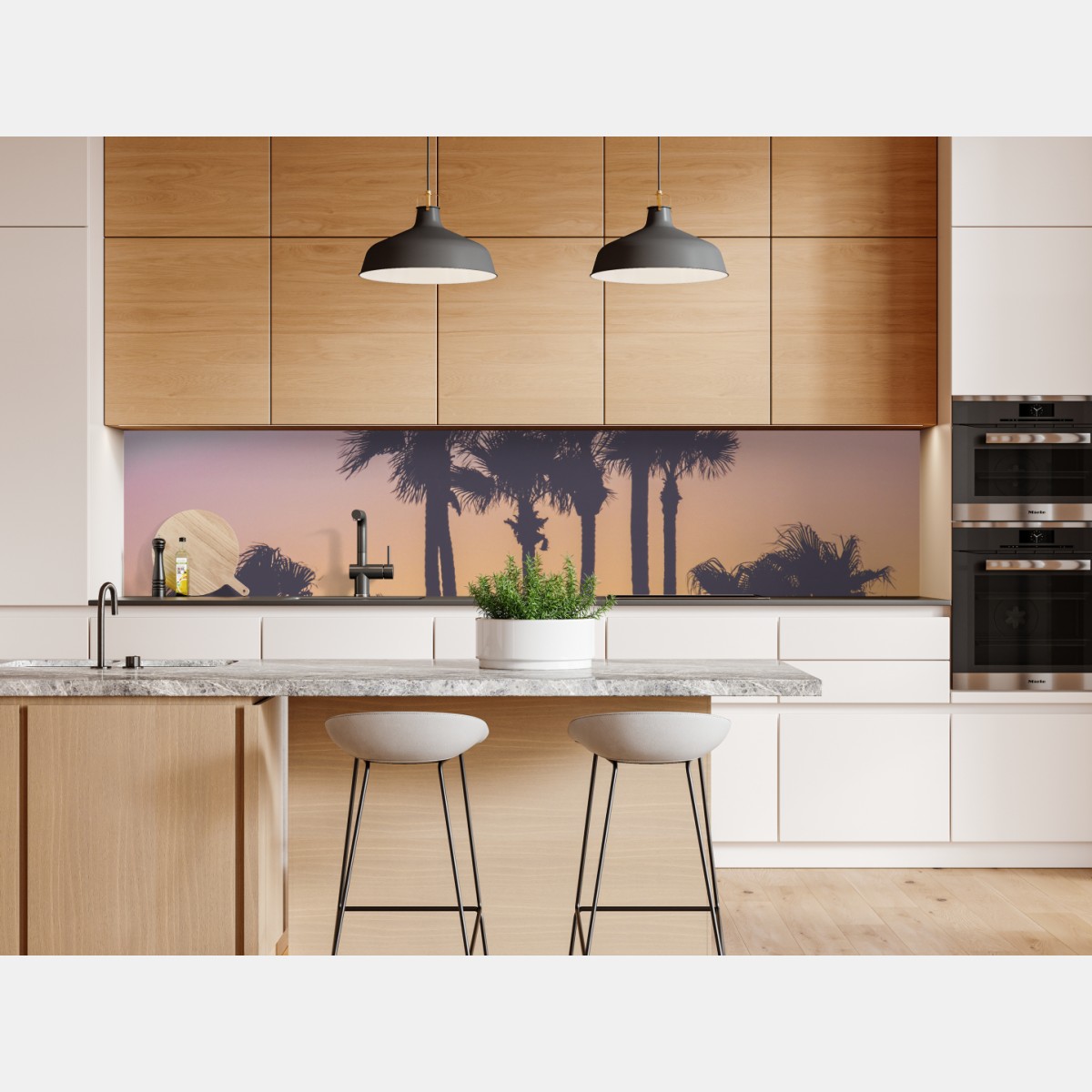 Naklejka repozycjonowalna retro tropikalne palmy o zachodzie słońca – Wallissimo® Naklejka repozycjonowalna retro tropikalne palmy o zachodzie słońca – Wallissimo®