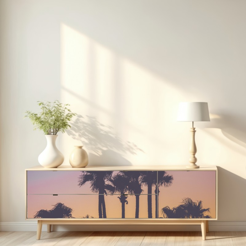 Naklejka repozycjonowalna retro tropikalne palmy o zachodzie słońca – Wallissimo® Naklejka repozycjonowalna retro tropikalne palmy o zachodzie słońca – Wallissimo®