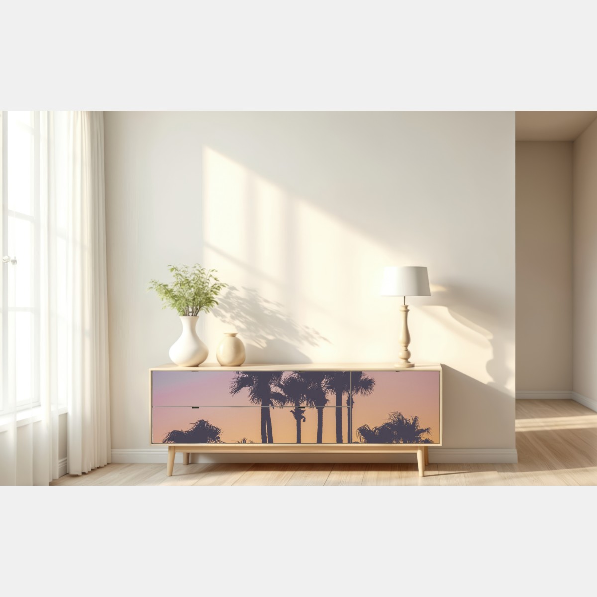 Naklejka repozycjonowalna retro tropikalne palmy o zachodzie słońca – Wallissimo® Naklejka repozycjonowalna retro tropikalne palmy o zachodzie słońca – Wallissimo®