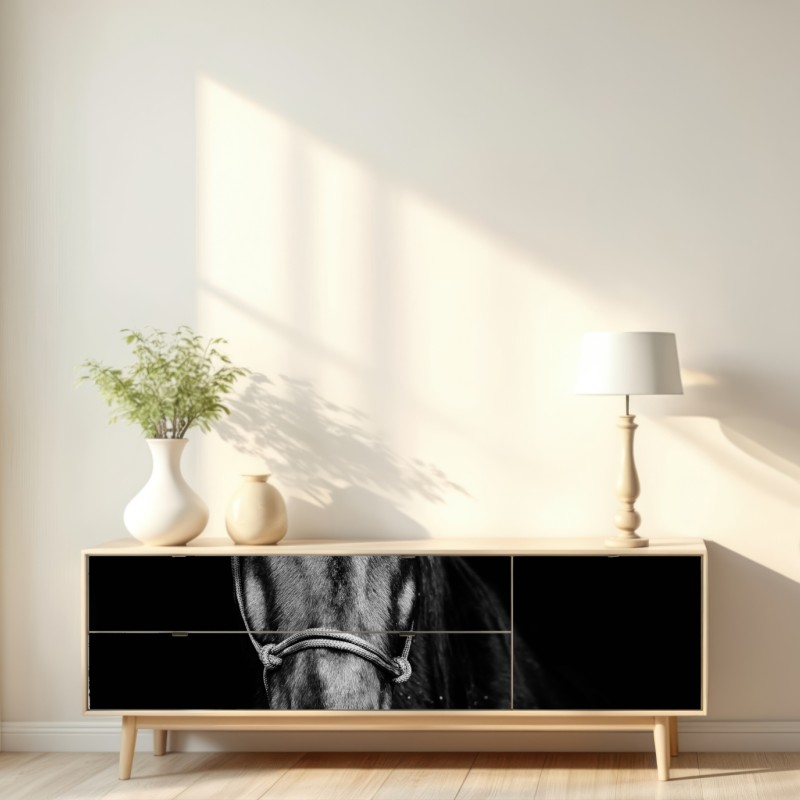 Naklejka repozycjonowalna dramatyczny portret konia w monochromie – Wallissimo® Naklejka repozycjonowalna dramatyczny portret konia w monochromie – Wallissimo®