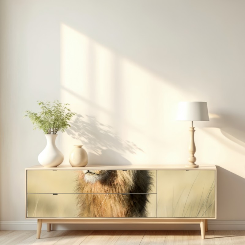 Naklejka repozycjonowalna majestatyczny lew na sawannie – Wallissimo® Naklejka repozycjonowalna majestatyczny lew na sawannie – Wallissimo®