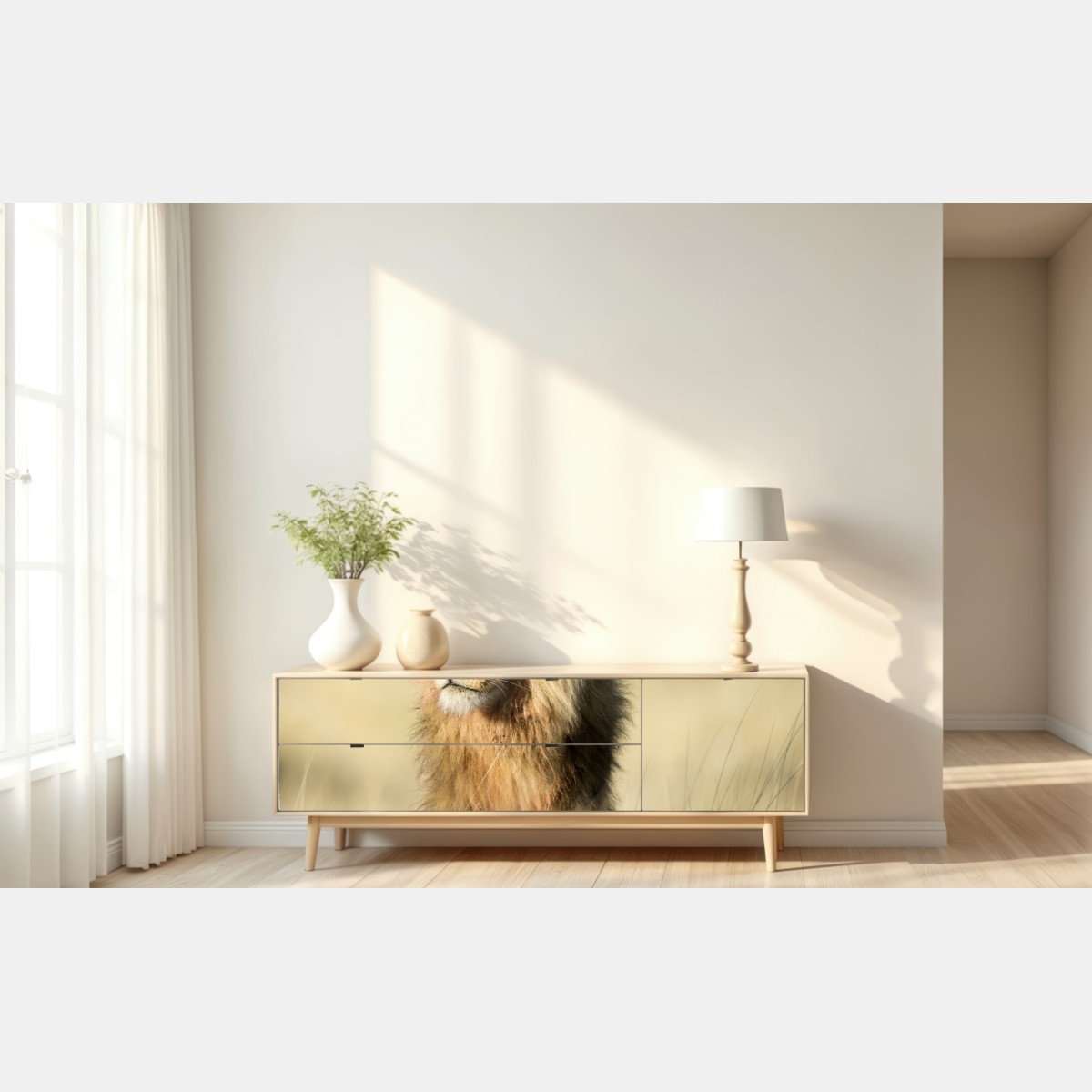 Naklejka repozycjonowalna majestatyczny lew na sawannie – Wallissimo® Naklejka repozycjonowalna majestatyczny lew na sawannie – Wallissimo®