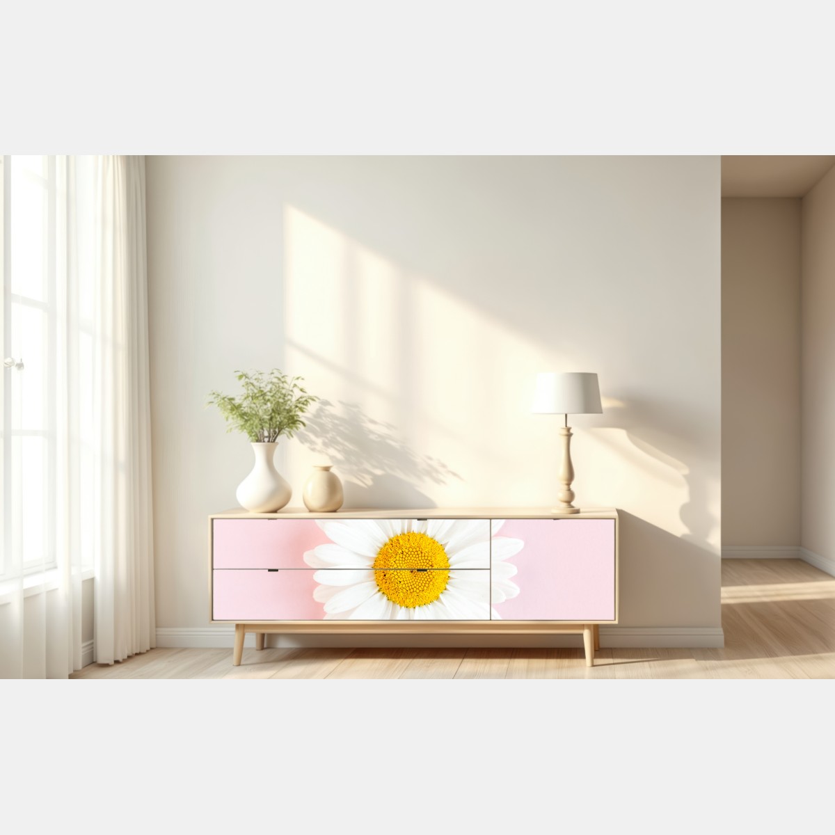 Naklejka repozycjonowalna biała stokrotka na pastelowym różowym tle – Wallissimo® Naklejka repozycjonowalna biała stokrotka na pastelowym różowym tle – Wallissimo®