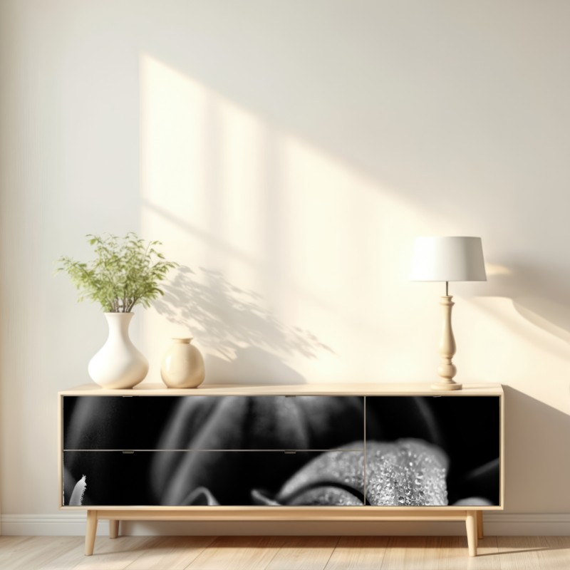 Naklejka repozycjonowalna monochromatyczne zbliżenie kwiatu z kroplami rosy – Wallissimo® Naklejka repozycjonowalna monochromatyczne zbliżenie kwiatu z kroplami rosy – Wallissimo®