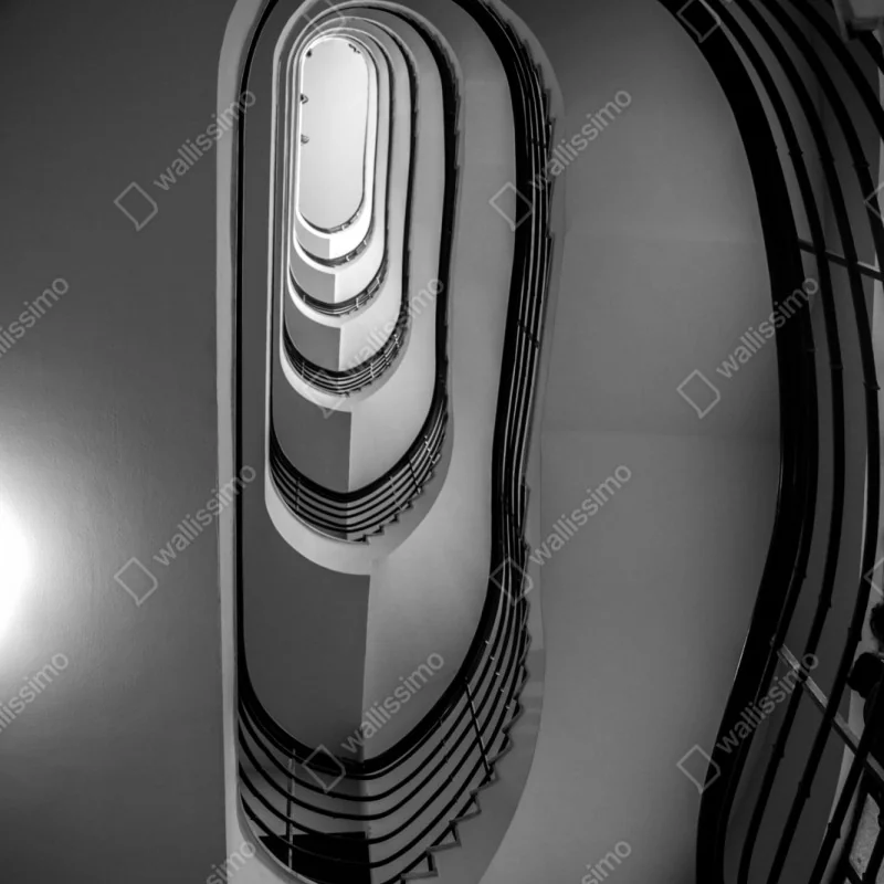 Naklejka repozycjonowalna spiralne schody w perspektywie czarno-białe – Wallissimo® Naklejka repozycjonowalna spiralne schody w perspektywie czarno-białe – Wallissimo®