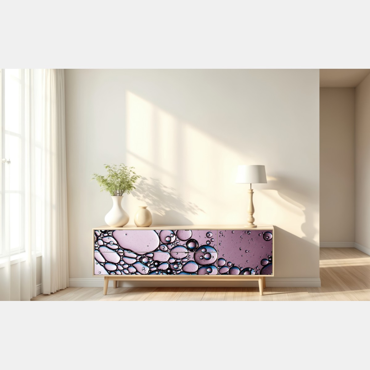 Naklejka repozycjonowalna fioletowy abstrakcyjny wzór z bąbelkami – Wallissimo® Naklejka repozycjonowalna fioletowy abstrakcyjny wzór z bąbelkami – Wallissimo®