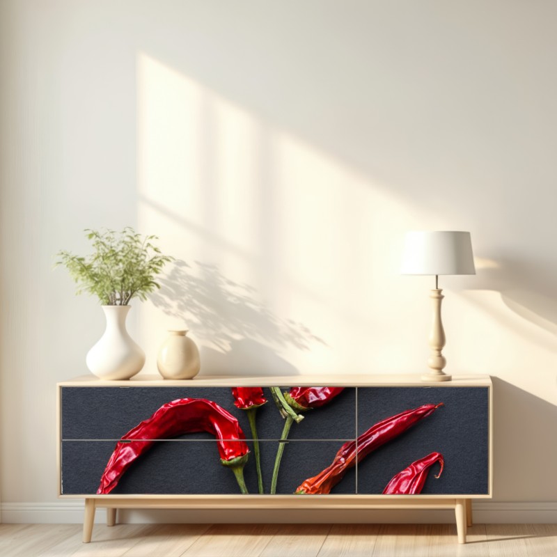 Naklejka repozycjonowalna kulinarna grafika z czerwonych papryczek chili – Wallissimo® Naklejka repozycjonowalna kulinarna grafika z czerwonych papryczek chili – Wallissimo®