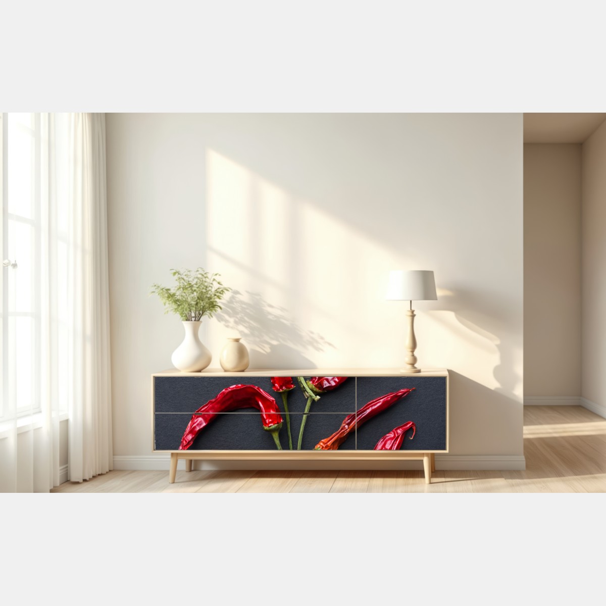 Naklejka repozycjonowalna kulinarna grafika z czerwonych papryczek chili – Wallissimo® Naklejka repozycjonowalna kulinarna grafika z czerwonych papryczek chili – Wallissimo®