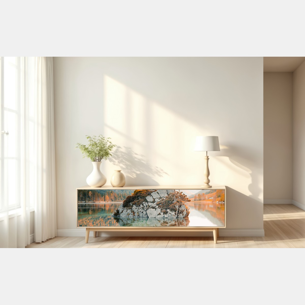 Naklejka repozycjonowalna słoneczna skalna wyspa nad jeziorem Hintersee – Wallissimo® Naklejka repozycjonowalna słoneczna skalna wyspa nad jeziorem Hintersee – Wallissimo®