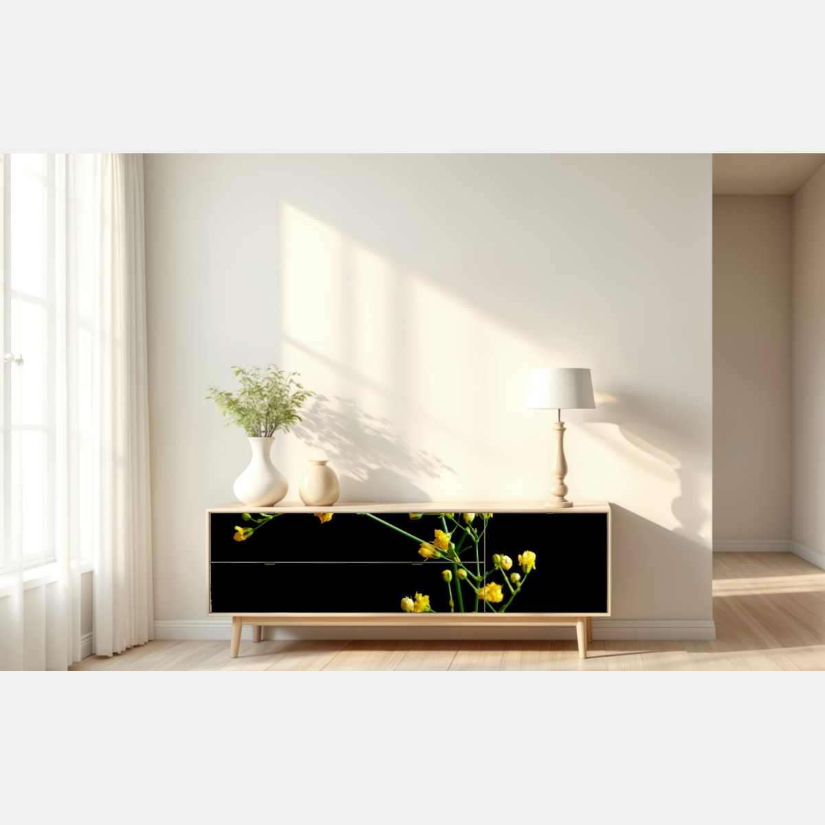 Naklejka repozycjonowalna delikatna żółta gipsówka na czarnym tle – Wallissimo® Naklejka repozycjonowalna delikatna żółta gipsówka na czarnym tle – Wallissimo®