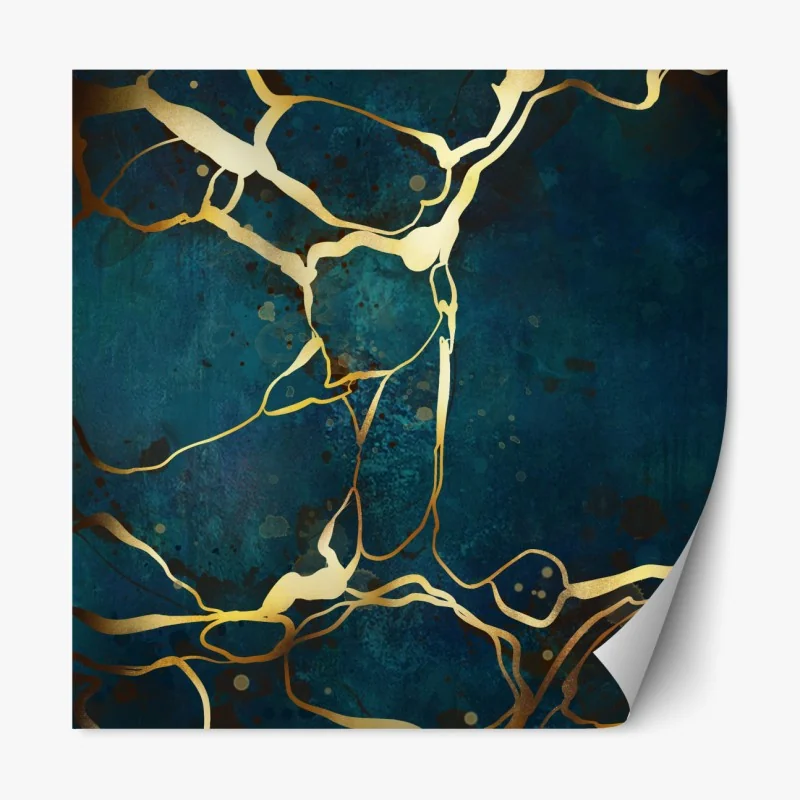 Naklejka repozycjonowalna turkusowo-złota abstrakcja ze złotymi żyłami