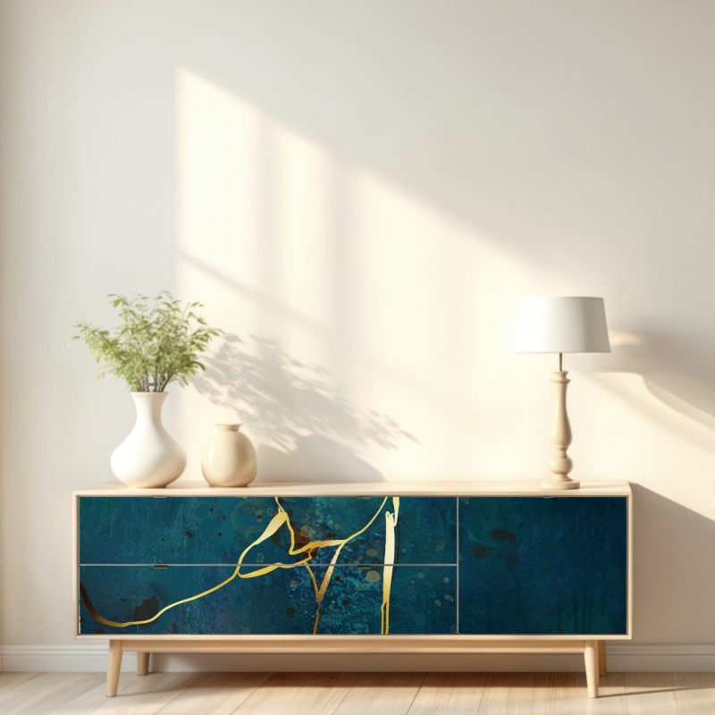Naklejka repozycjonowalna turkusowo-złota abstrakcja ze złotymi żyłami – Wallissimo® Naklejka repozycjonowalna turkusowo-złota abstrakcja ze złotymi żyłami – Wallissimo®