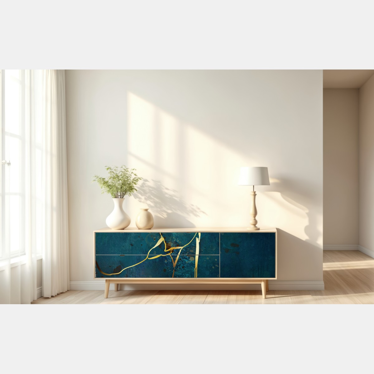 Naklejka repozycjonowalna turkusowo-złota abstrakcja ze złotymi żyłami – Wallissimo® Naklejka repozycjonowalna turkusowo-złota abstrakcja ze złotymi żyłami – Wallissimo®